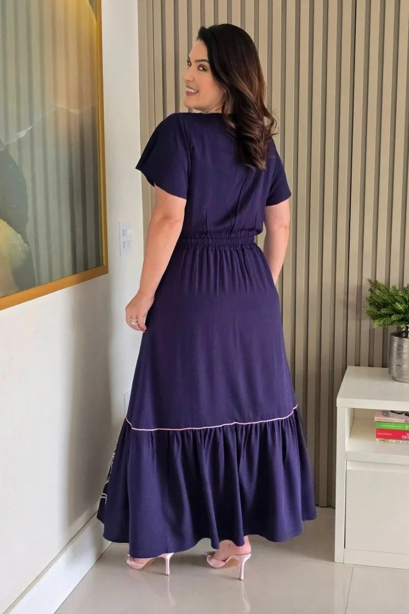 Vestido Estela Azul Bordado Rosa em Viscolinho