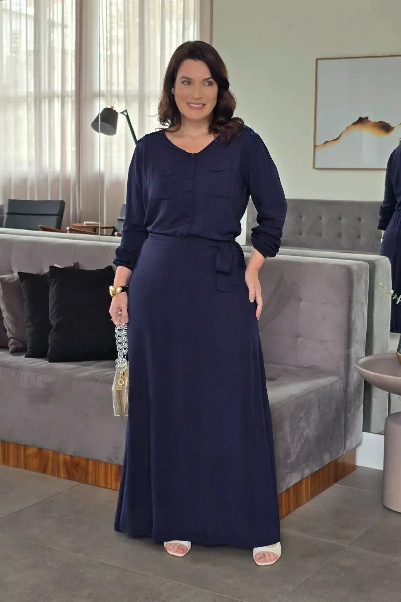 Vestido Longo Azul com Guippir Eliana