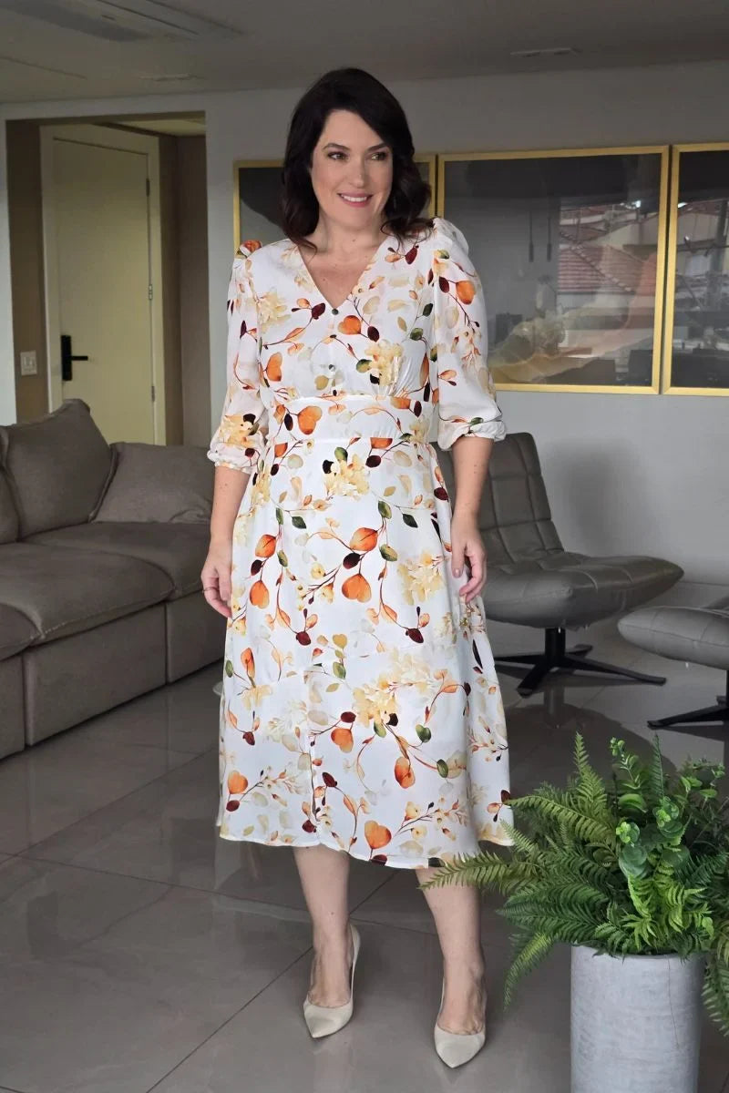 Vestido Milena Off White em Crepe Georgette