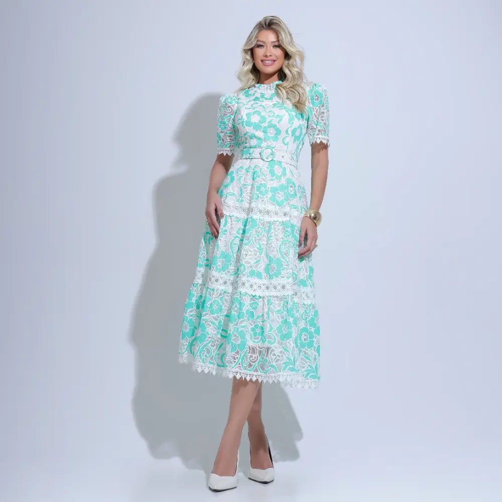 Vestido Feminino Midi Rendado Branco e Verde Michelinne - FL31