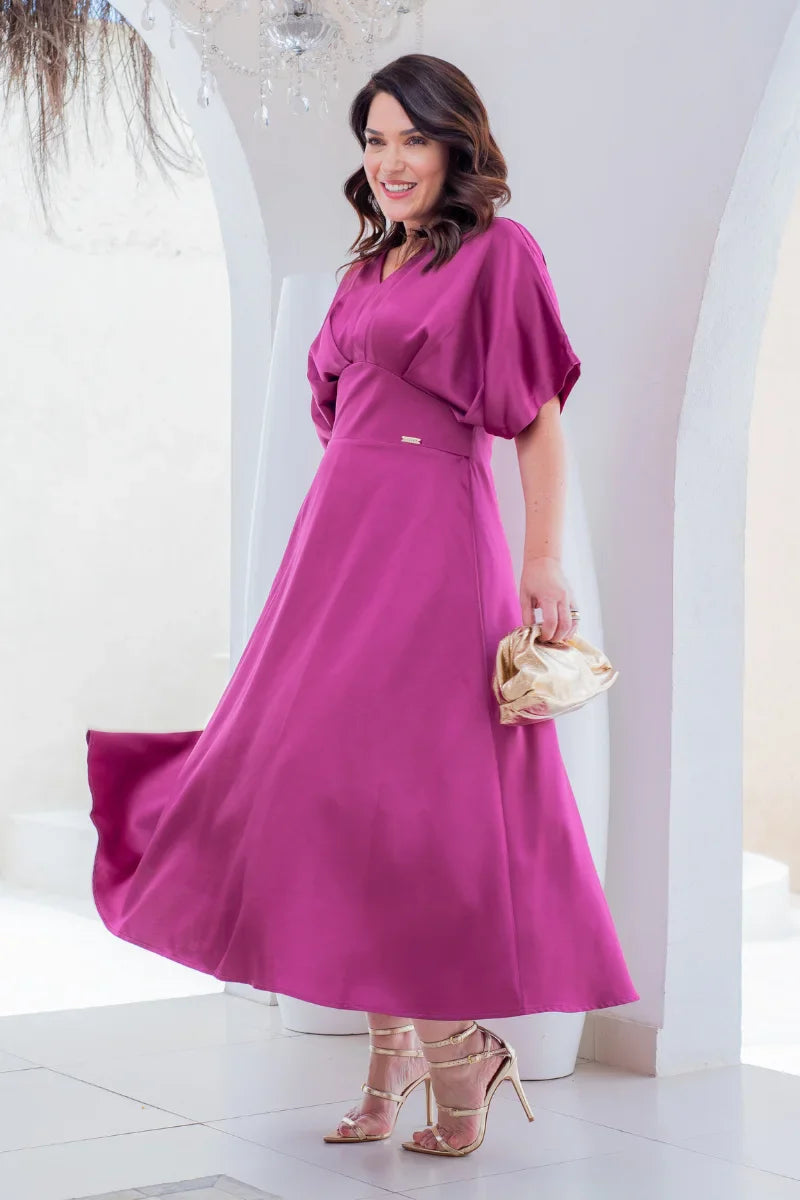 Vestido Midi Élise Fucsia em Crepe Acetinado