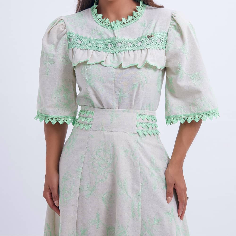 Conjunto Midi Off White com Bordado Verde Luana - FL01