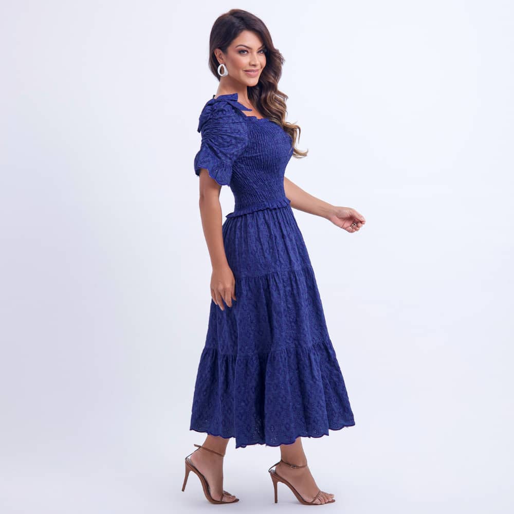 Vestido Feminino Bordado Midi Azul-Marinho Fátima - FL20
