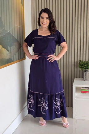 Vestido Estela Azul Bordado Rosa em Viscolinho