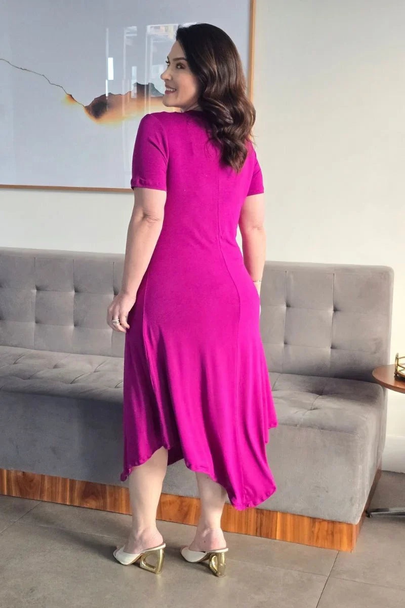 Vestido Betina Fúcsia em Viscolycra com Barra Assimétrica
