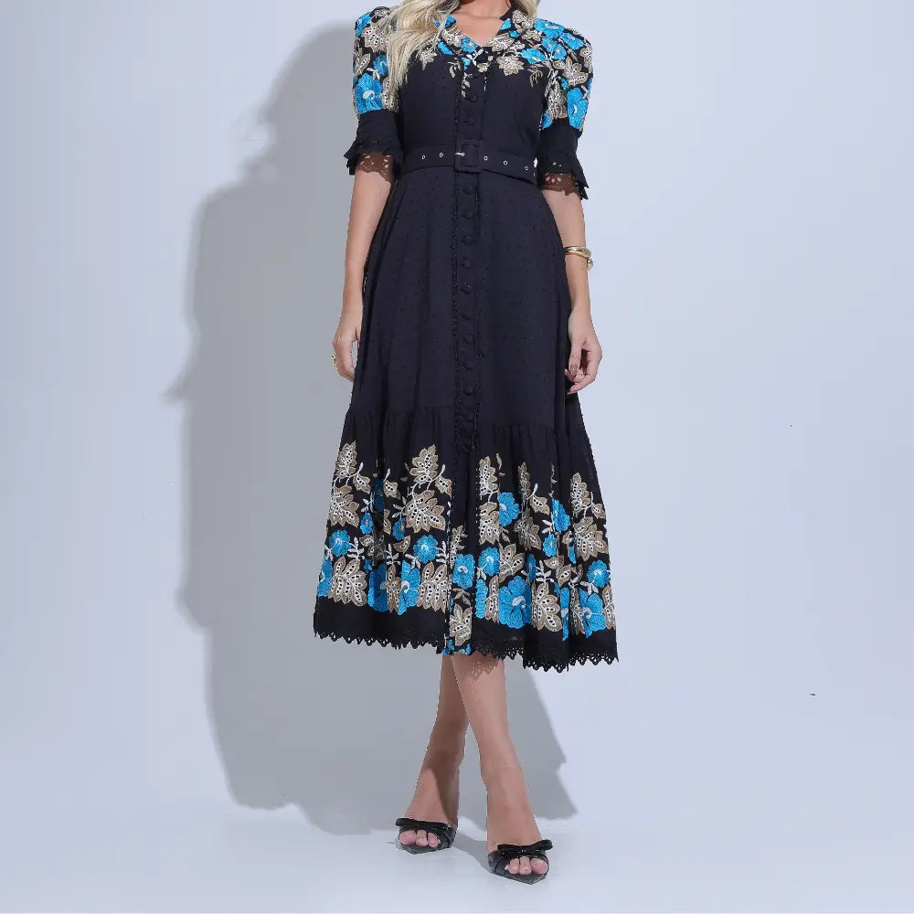 Vestido Feminino Midi Bordado Preto Aurora - FL34