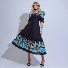 Vestido Feminino Midi Bordado Preto Aurora - FL34