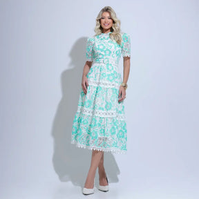 Vestido Feminino Midi Rendado Branco e Verde Michelinne - FL31
