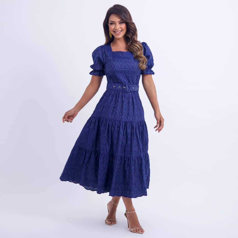 Vestido Feminino Midi Bordado Azul-Marinho Helen - FL08