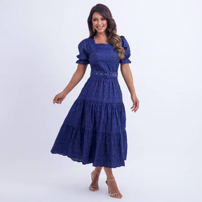 Vestido Feminino Midi Bordado Azul-Marinho Helen - FL08