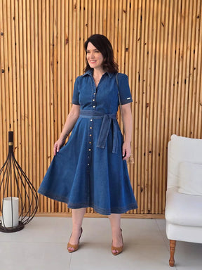 VESTIDO C/ CINTO E BARRA PESPONTADO