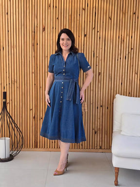 VESTIDO C/ CINTO E BARRA PESPONTADO