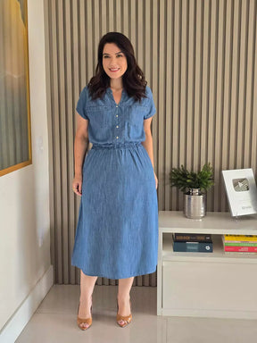 VESTIDO JEANS MANGA JAPONESA COM BOLSOS