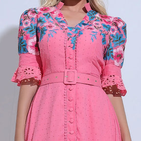 Vestido Feminino Rosa Midi Bordado Aurora - FL32