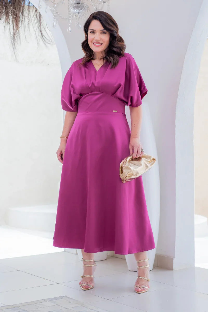 Vestido Midi Élise Fucsia em Crepe Acetinado