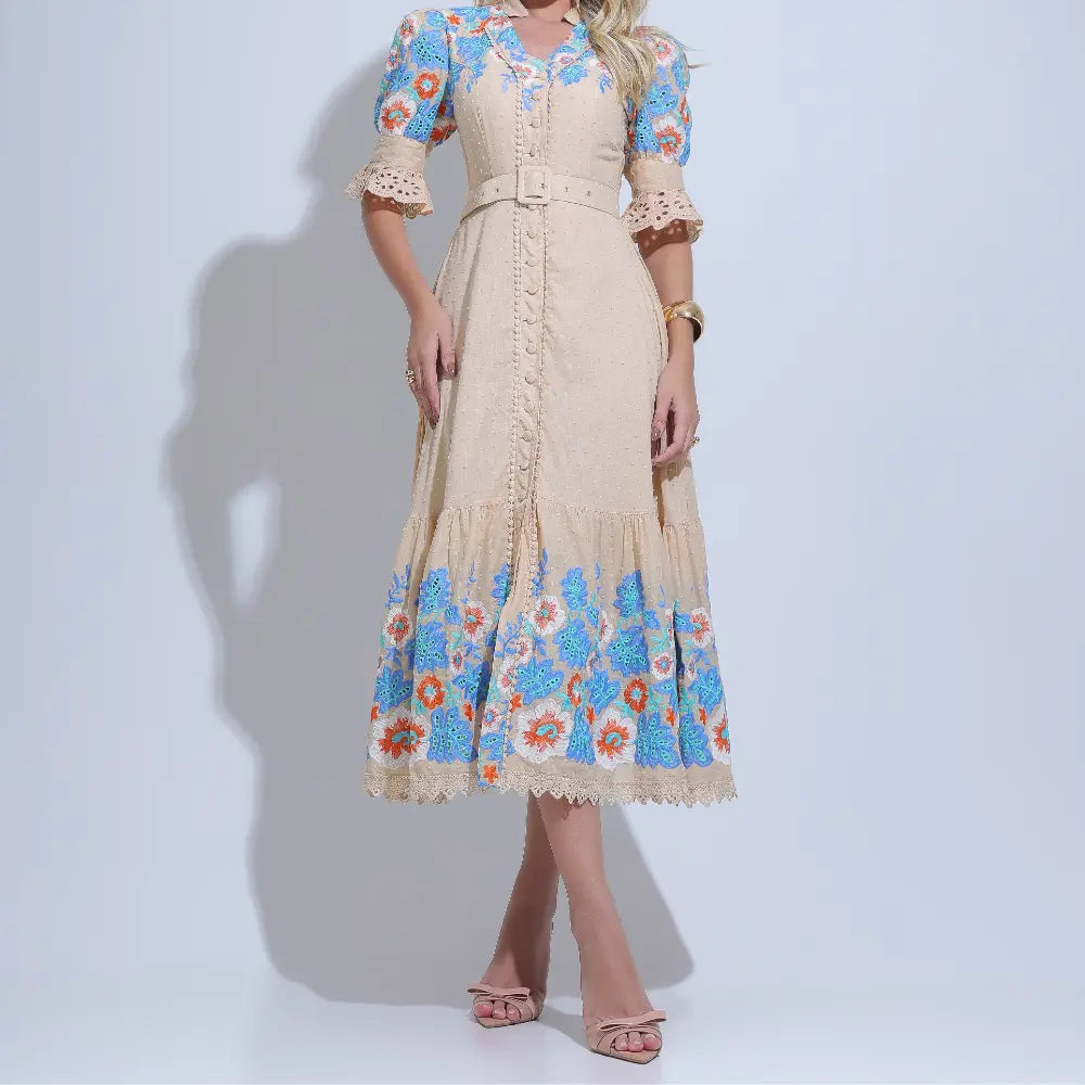 Vestido Feminino Midi Bege Bordado Aurora - FL30