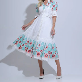 Vestido Feminino Midi Branco Bordado Aurora - FL21