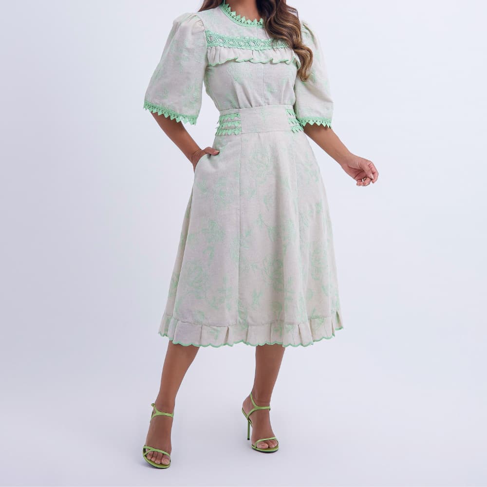 Conjunto Midi Off White com Bordado Verde Luana - FL01