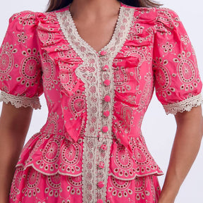 Vestido Feminino Midi Rosa com Renda Tiffany - FL02