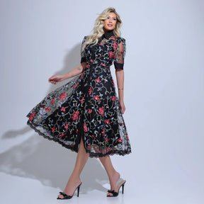 Vestido Feminino Midi Florado Preto Sarah - FL28