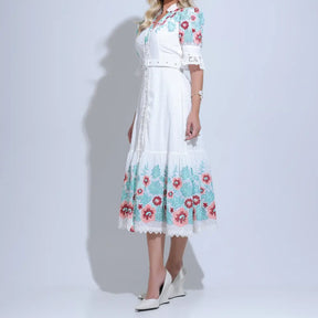 Vestido Feminino Midi Branco Bordado Aurora - FL21