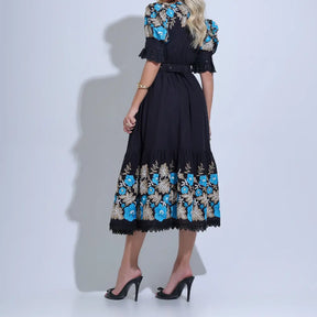 Vestido Feminino Midi Bordado Preto Aurora - FL34