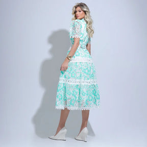 Vestido Feminino Midi Rendado Branco e Verde Michelinne - FL31