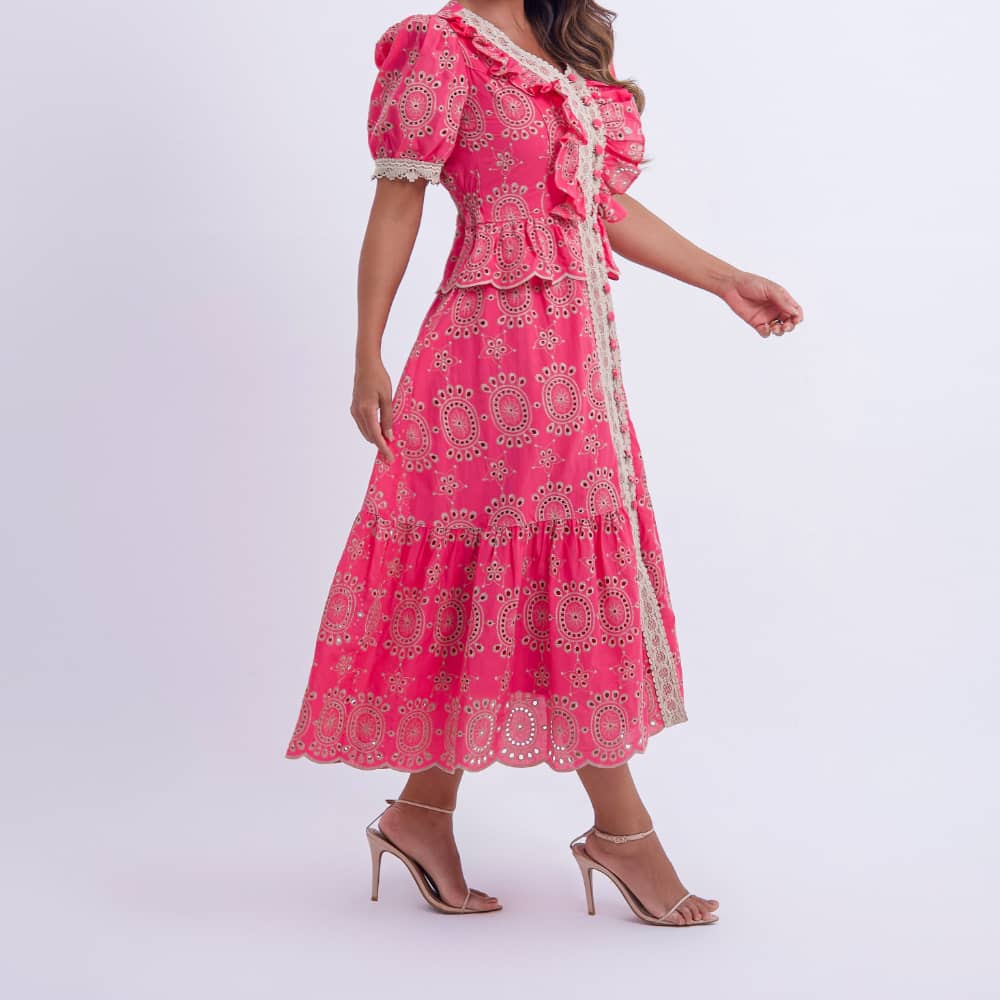 Vestido Feminino Midi Rosa com Renda Tiffany - FL02