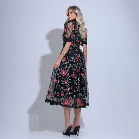 Vestido Feminino Midi Florado Preto Sarah - FL28