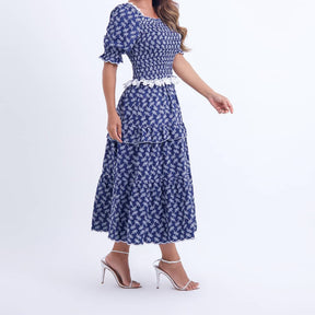 Vestido Feminino Barra Ondulada Azul-Marinho Bordado Natália - FL15