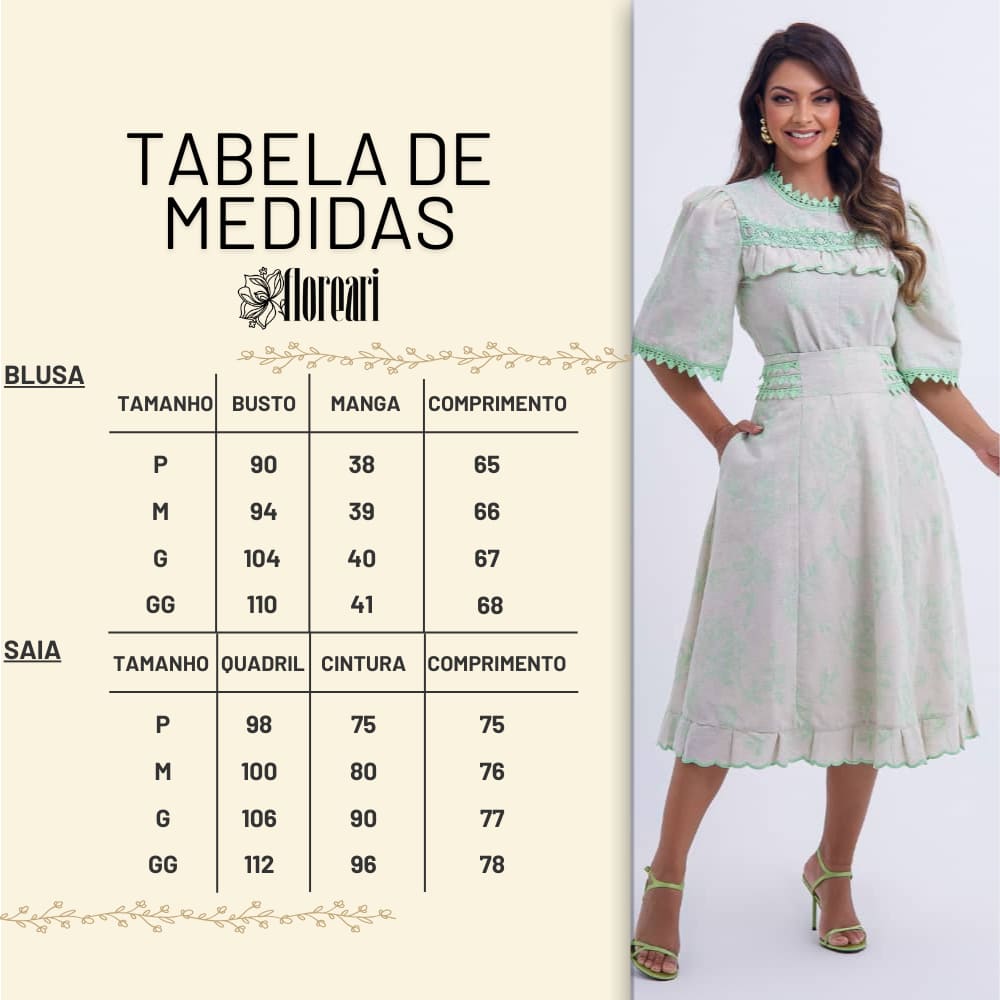 Conjunto Midi Off White com Bordado Verde Luana - FL01