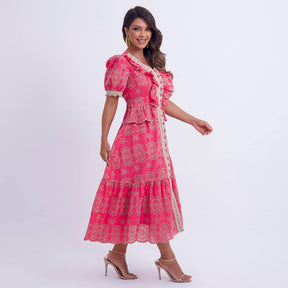 Vestido Feminino Midi Rosa com Renda Tiffany - FL02