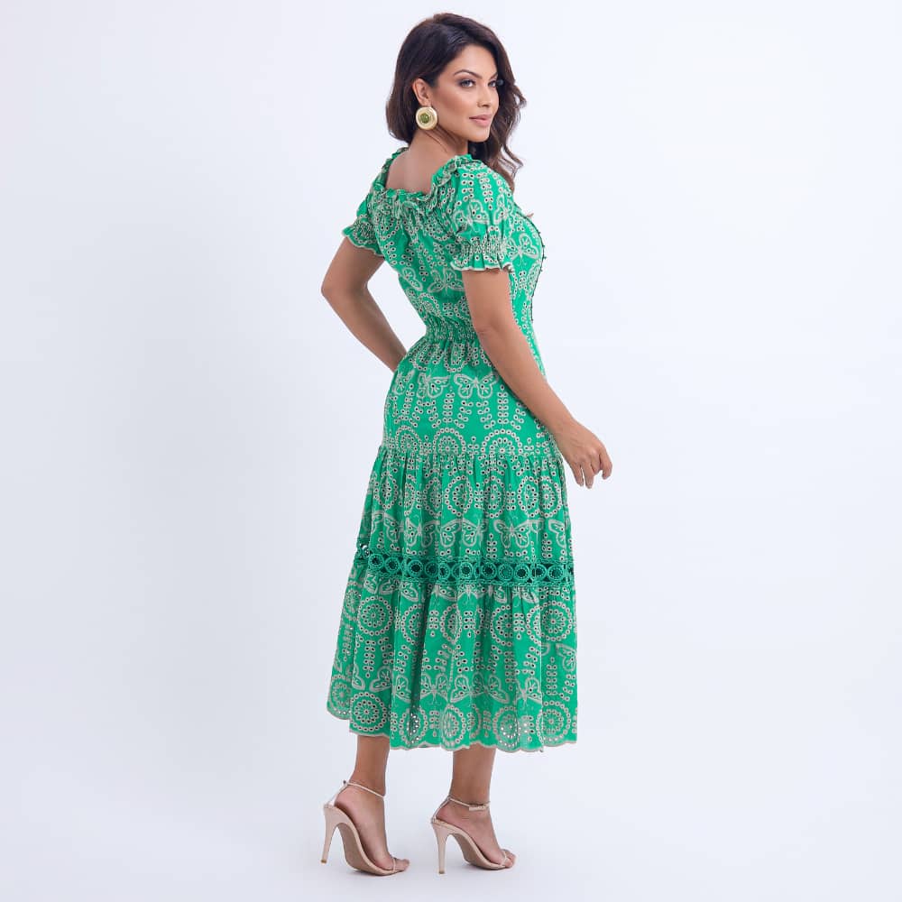 Vestido Feminino Midi Bordado Verde Gisele- FL05