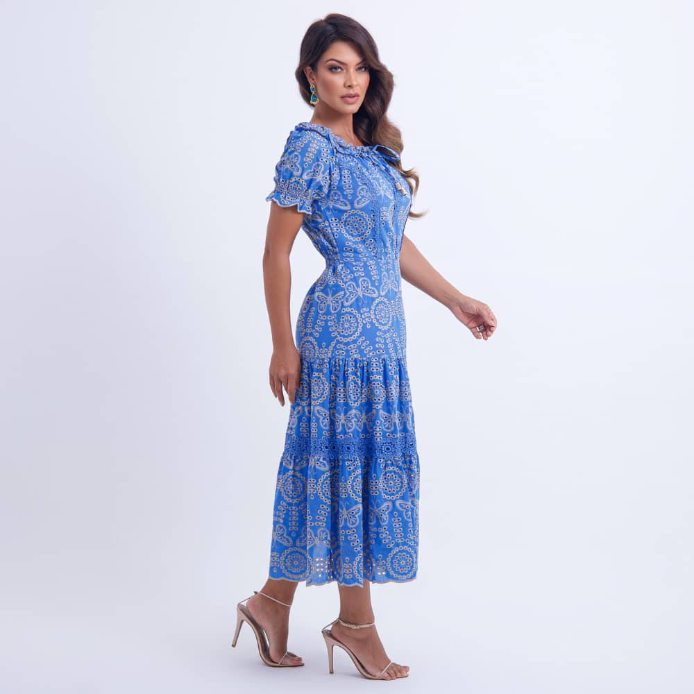 Vestido Feminino Midi Bordado Azul Gisele - FL06