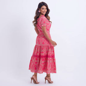 Vestido Feminino Midi Bordado Rosa Gisele - FL07