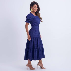 Vestido Feminino Midi Bordado Azul-Marinho Helen - FL08