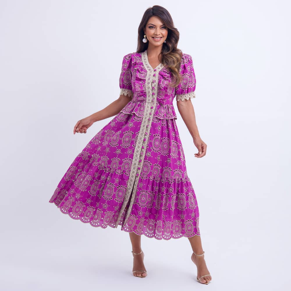 Vestido Feminino Midi Roxo com Renda Tiffany - FL13