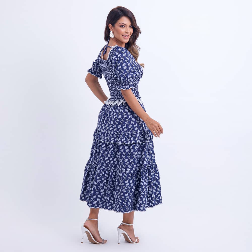Vestido Feminino Barra Ondulada Azul-Marinho Bordado Natália - FL15