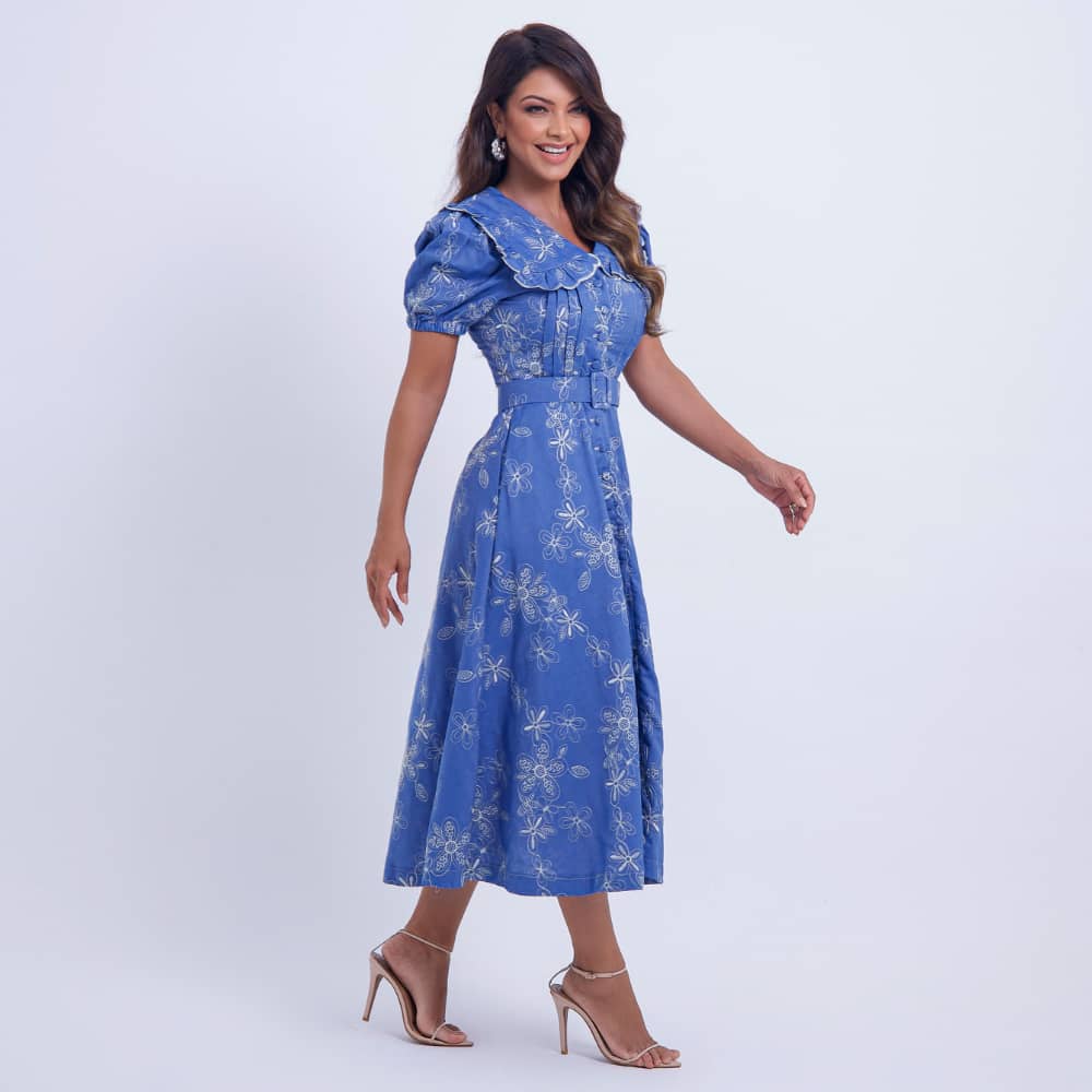 Vestido Feminino Midi Floral Azul Antonella - FL19