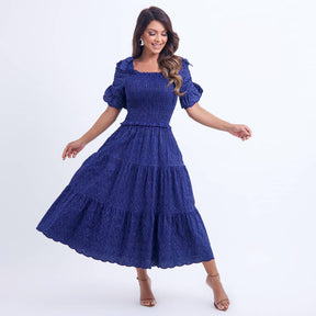 Vestido Feminino Bordado Midi Azul-Marinho Fátima - FL20