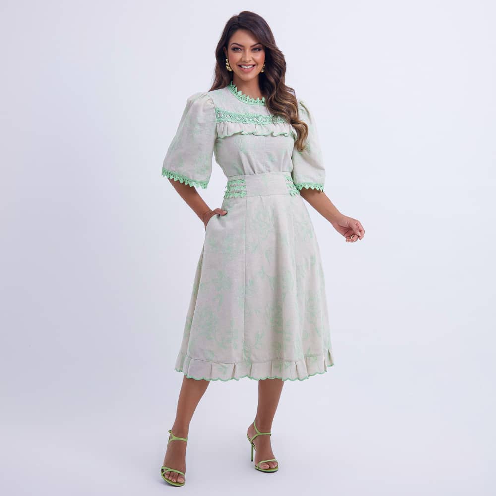Conjunto Midi Off White com Bordado Verde Luana - FL01